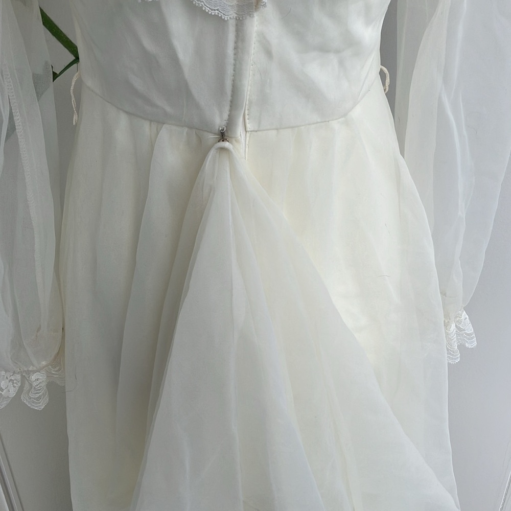 Vintage 70s Floor-Length Maxi Cream High Neck Ruffle Cream Prairie Wedding Dress - Picture 9 of 14